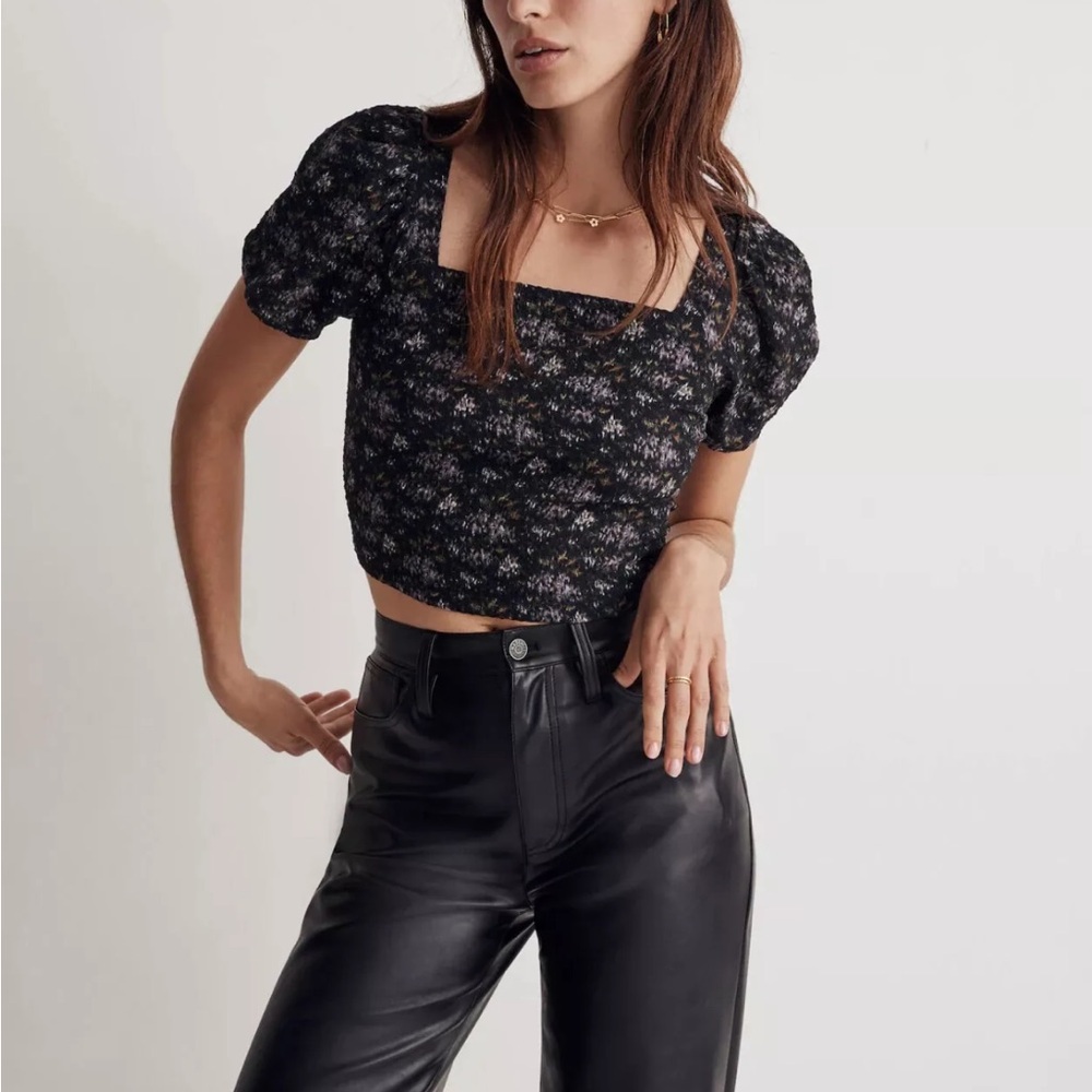 Madewell Women's XL Hopewell Puff Sleeve Black Crop Top in Blurred Ikat